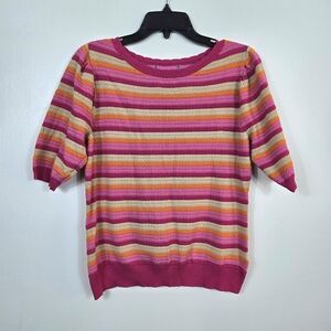 By Design Womens Pink Tan Orange Striped Preppy Puff Sleeve Knit Sweater Large